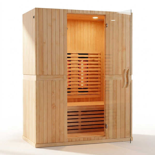 Infrared Home Sauna Room for 2 Persons Sauna Spa Room Hemlock Wood Infrared Sauna Cabin Dry Sauna with Full Spectrum Radiator, LED Light, Bluetooth, MP3, USB (2 Person Sauna Room) — Studio Shot