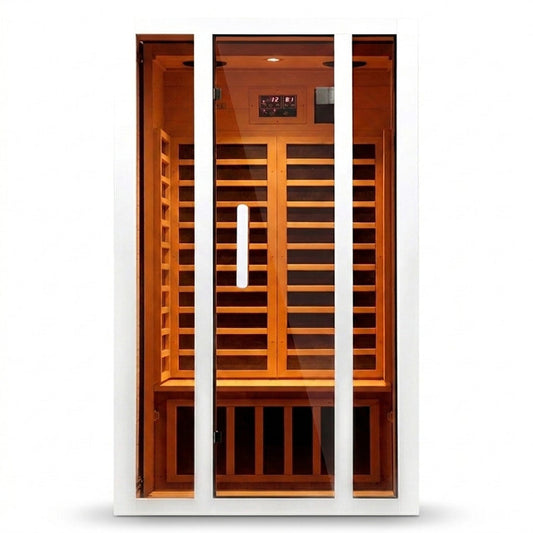 2 Person Extendable FAR Infrared Sauna for Home, Hemlock Wood Low EMF 6 Carbon Heaters Indoor Saunas with LED Lights, Bluetooth Speaker, Digital Control Panel, and Seating Bench — Studio Shot