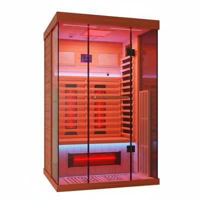 Full Spectrum Infrared Sauna，1-2 Person Home Sauna，Wooden Canadian Hemlock Indoor Spa Sauna with Resonance Speaker, Panoramic Tempered Glass Door